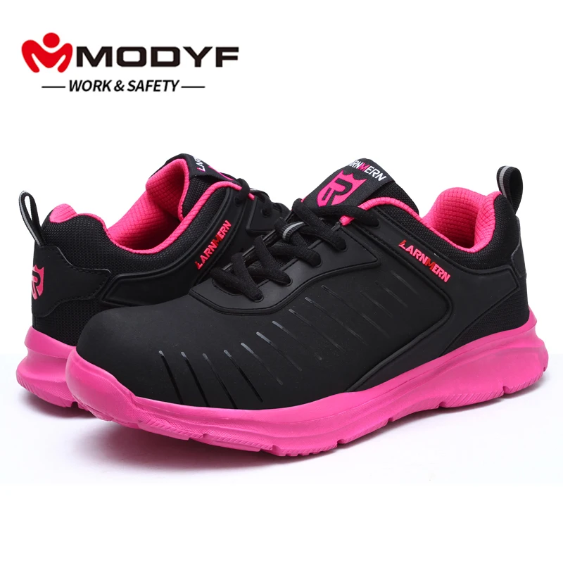 Pink MODYF/Женская дышащая защитная обувь со стальным носком женские уличные Нескользящие стальные прокольные строительные ботинки Рабочая обувь - Цвет: Pink
