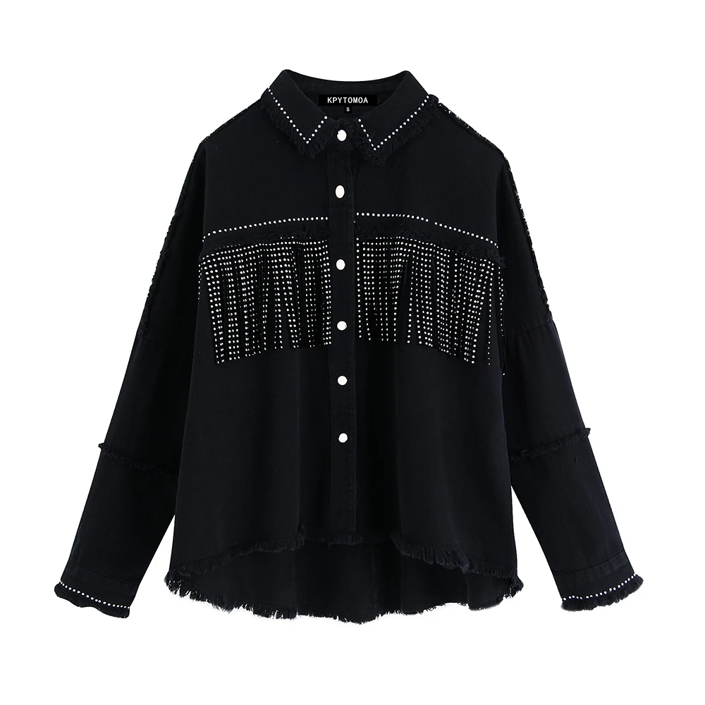

Vintage Stylish Fringe Beaded Loose Denim Jacket Coat Women 2020 Fashion Long Sleeve Frayed Trim Ladies Outerwear Chaqueta Mujer