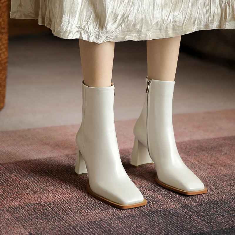 

Женские ботинки на молнии, белые однотонные ботильоны с квадратным носком, на высоком каблуке, на резиновой подошве, для осени и зимы, 2021