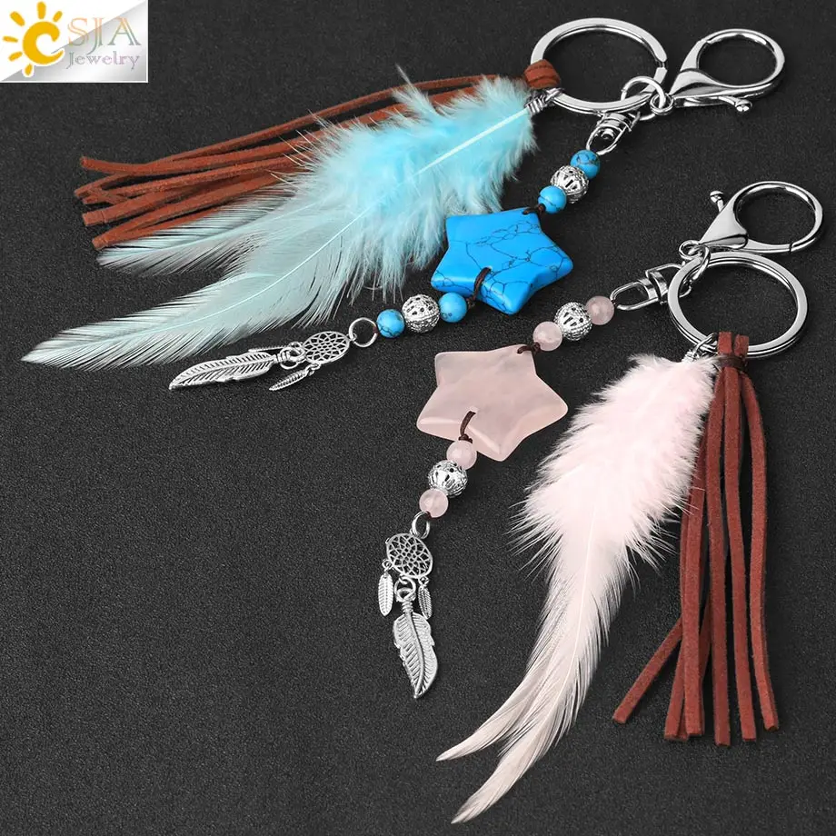 CSJA натуральный Ловец снов брелки Голубое перо кисточкой брелок с пентаграммой