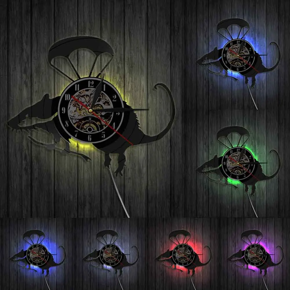 Летающий вертолет крыса виниловая пластина 3D настенные часы милый парашютник