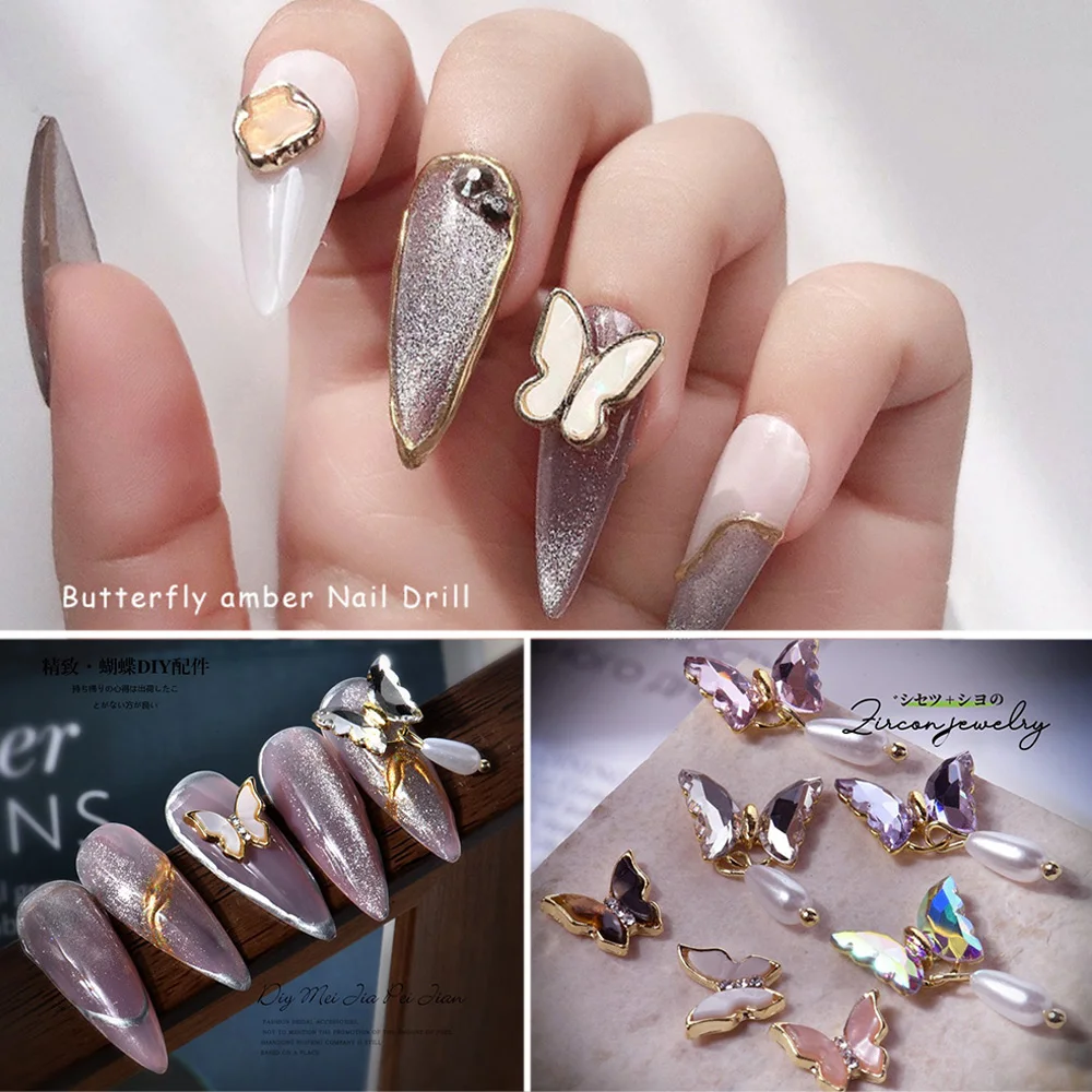 

5pcs Charm Shiny Zircon Pendant Butterfly Alloy 3D Nail Art Decorations Fashion Shell Stone DIY Jewelry Manicure Accessories
