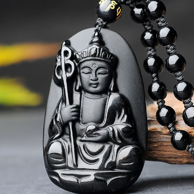 

Natural Black Obsidian Buddha Bodhisattva Jade Pendant Necklace Chinese Carved Fashion Jewelry Accessories Amulet for Men Women