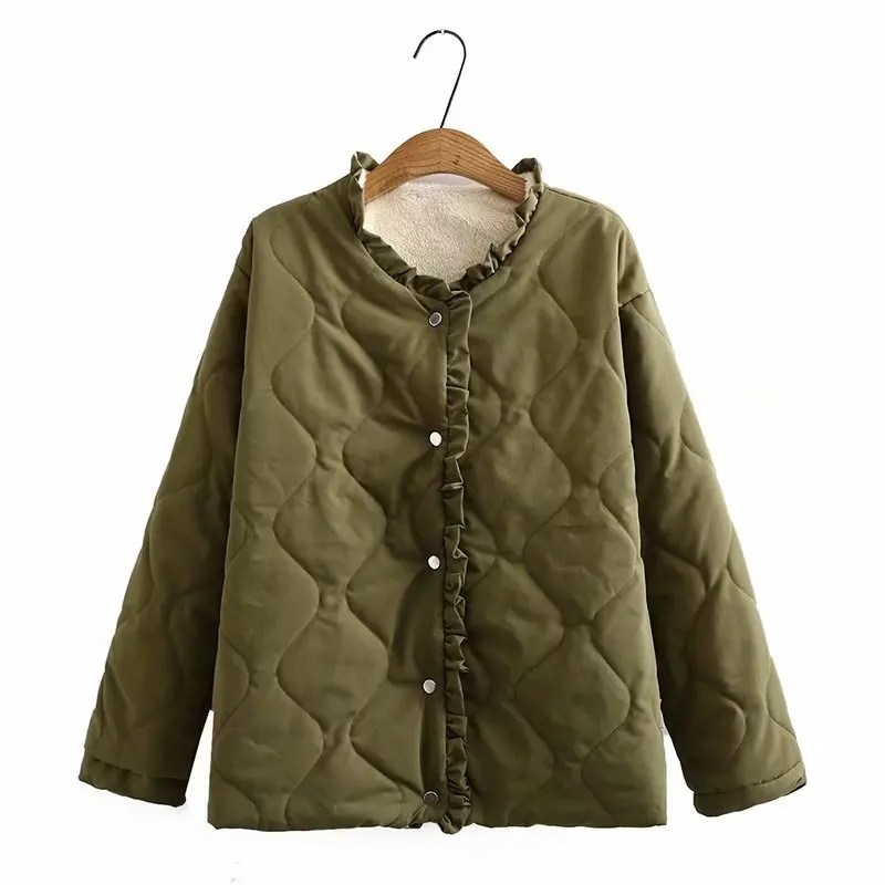 

Plus size Ruffle collar fleece inside women loose parkas coats 2021 new winter casual ladies solid black army green Beige jacket