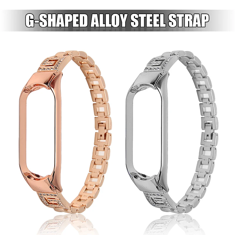 

Ремешок со стразами для Xiaomi Mi Band 5, новый модный сменный Браслет для наручных часов с G-образным узором, браслет из легированной стали с рамко...