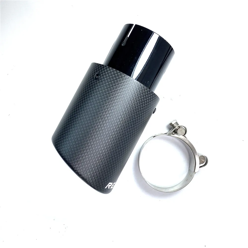 

1PC Car Exhaust Pipe Rolled Flange Matt Carbon Fiber Tail End Tip Black Stainless Steel Muffler With Remus Logo