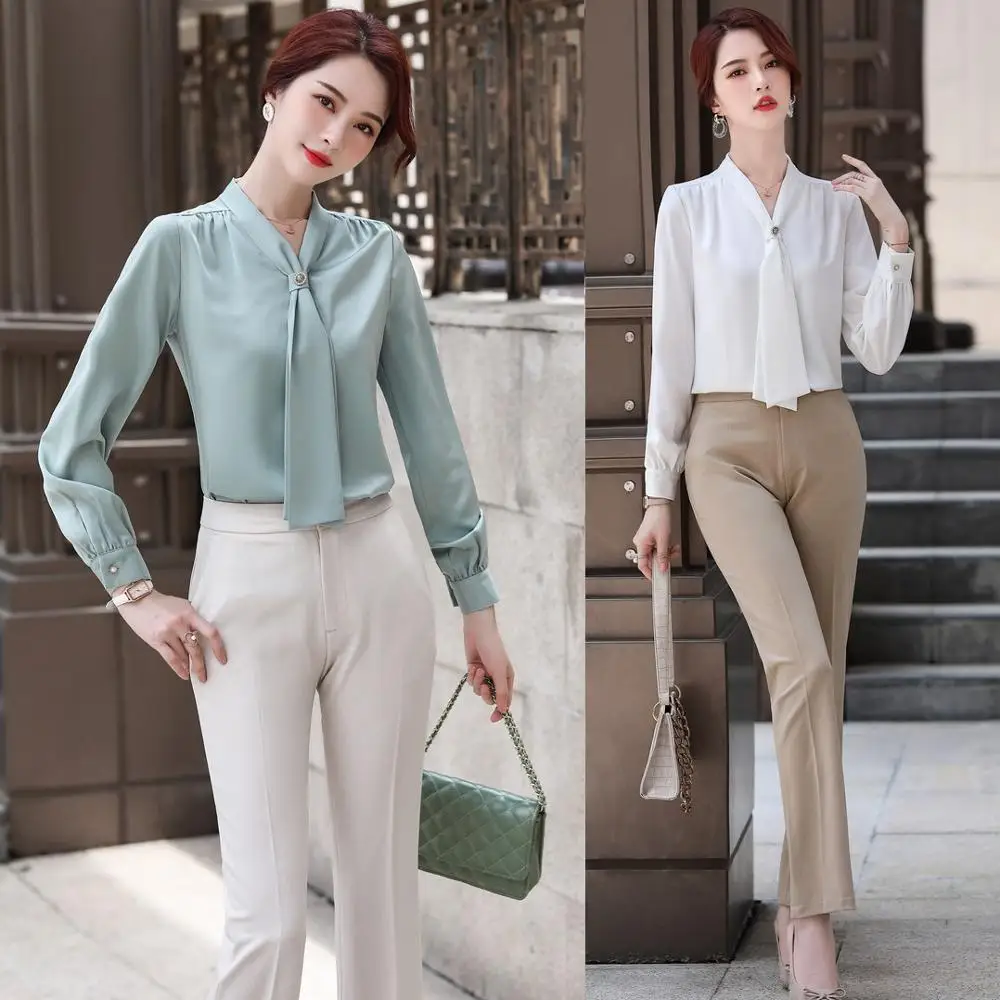 New 2020 Fashion Ladies Blouses & Shirts Women 2 Piece Pant and Top Sets Long Sleeve Work Wear Office Uniform | Женская одежда