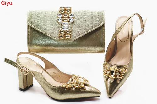 

doershow TOP quality GOLD Matching Shoe and Bag Set African Women Matching Bags for Women Nigerian Wedding Shoes and Bags SGX1-8