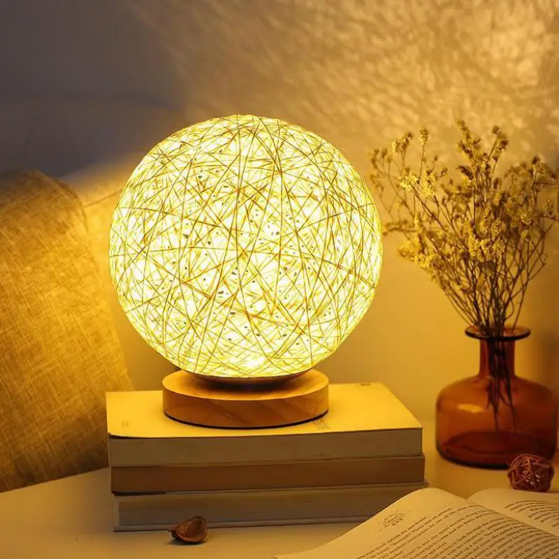 Теплый ротанговый бильярдный светодиодный светильник для спальни прикроватный