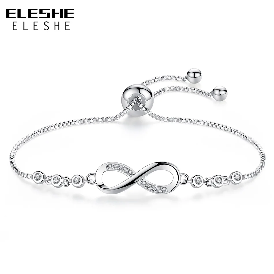 ELESHE, новая мода, CZ Кристальный браслет бесконечности, серебряный браслет, регулируемая цепочка, женские очаровательные браслеты, ювелирные изделия
