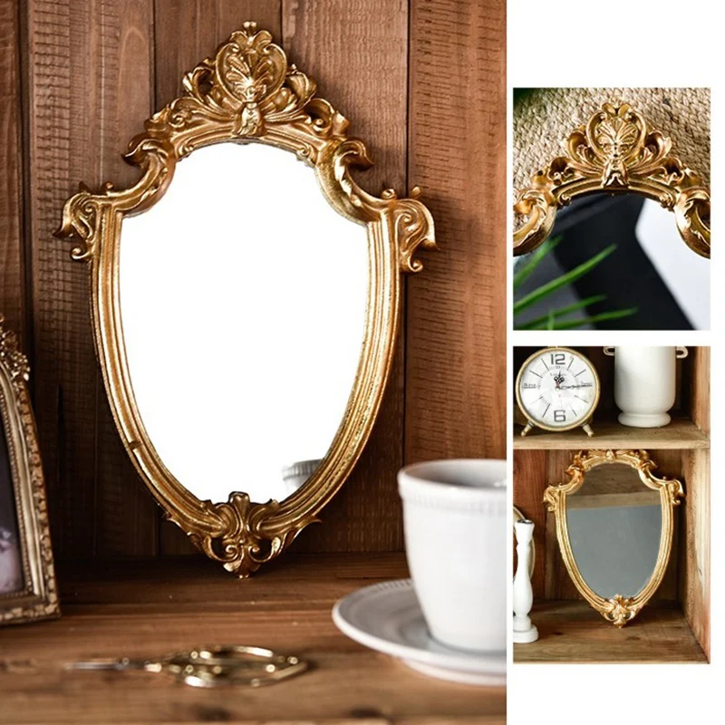 

Relief Resin Decor Mirror Vintage Wall Hanging Mirror Bathroom Decor Gold Shield Shape Makeup Mirror Home Decor