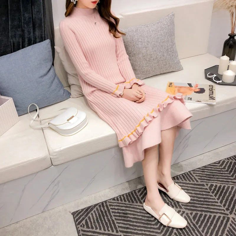 2021 autumn and winter thick warm knit dress female striped long paragraph trumpet sleeves bottom sweater skirt | Женская одежда