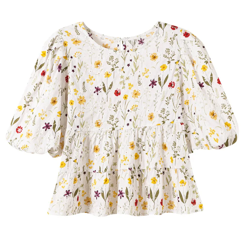 

Summer Puff Sleeve Hollow Out Blouse Women O-Neck Casual Loose Floral Shirt Female Print Vintage Embroidery Tops Lady