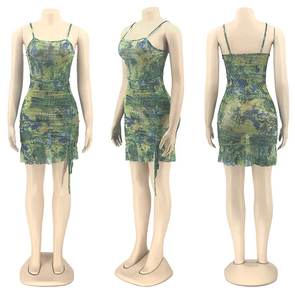 

2021 New Summer Serpentine Dragon Pattern Sleeveless Split Hip Slender Slim Fit Dress Harajuku Ruched Drawstring Club Vestidos