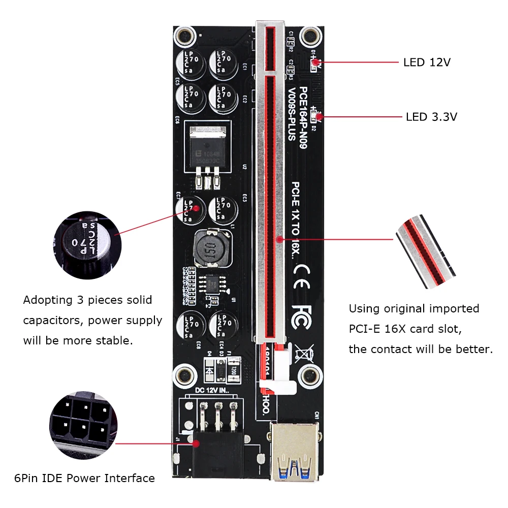 CHIPAL 10 шт. VER009S Plus PCI-E Райзер карта 009S PCI Express 1X до 16X удлинитель SATA к 6Pin шнур питания 100