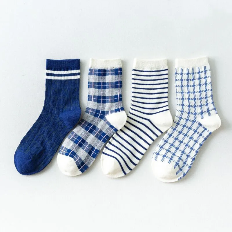 

4 пары детских носков женские носки из хлопка свежие синего цвета; Дизайнерские тапочки в полоску высокого качества Средний женские трубчат...
