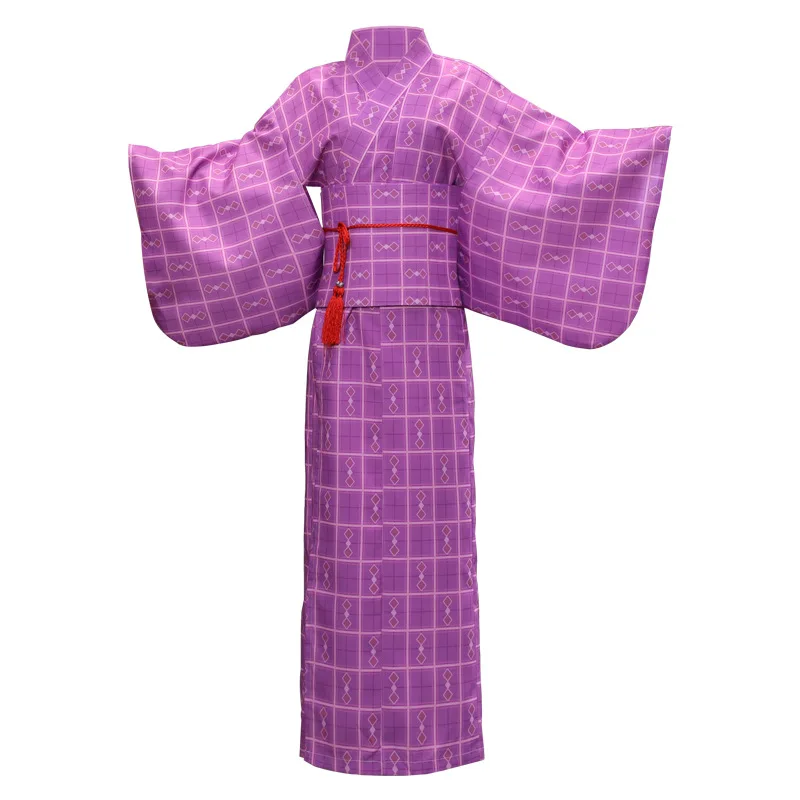 

Purple Plaid Women Yukata Japanese Traditional Kimono Vintage Costume Female Cosplay Stage Show Bathrobe кимоно японский стиль
