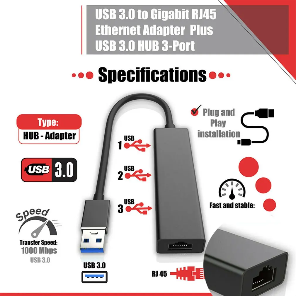 

USB 3.0 Gigabit Ethernet to RJ45 Hub 1000Mbps Gigabit Network Adapter 3-Port USB Hub Network Card for Mac PC RJ45 Interface