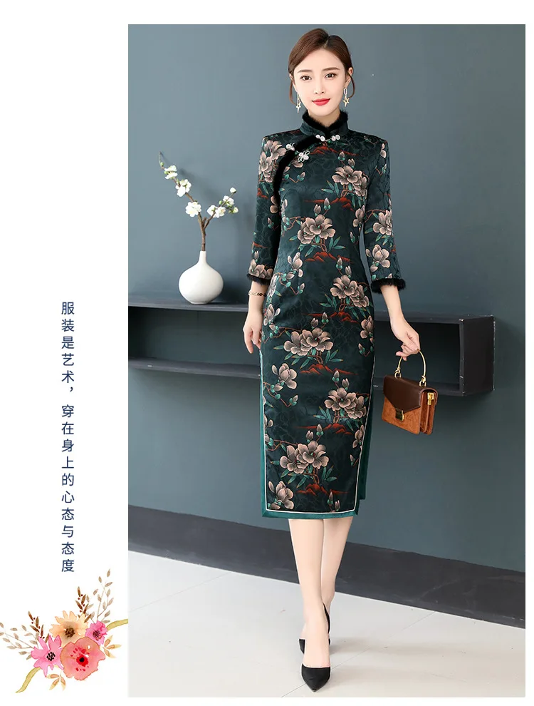 Винтажное хлопковое теплое китайское женское жаккардовое платье cheongsam Осень и зима Новинка