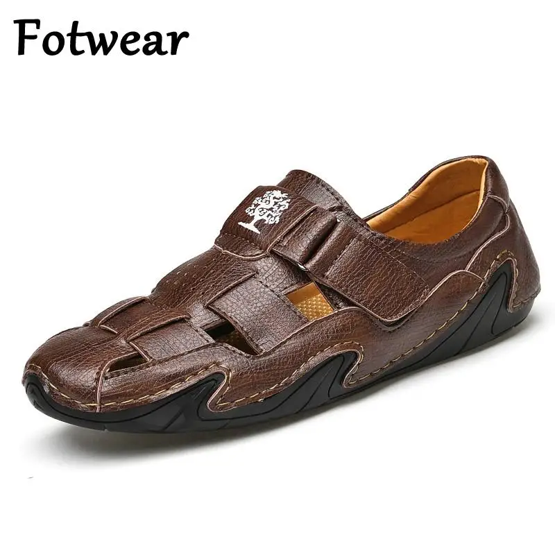 

Сандалии мужские из натуральной воловьей кожи, дышащие босоножки на липучке, прорезиненная обувь для вождения, кроссовки для отдыха на откр...