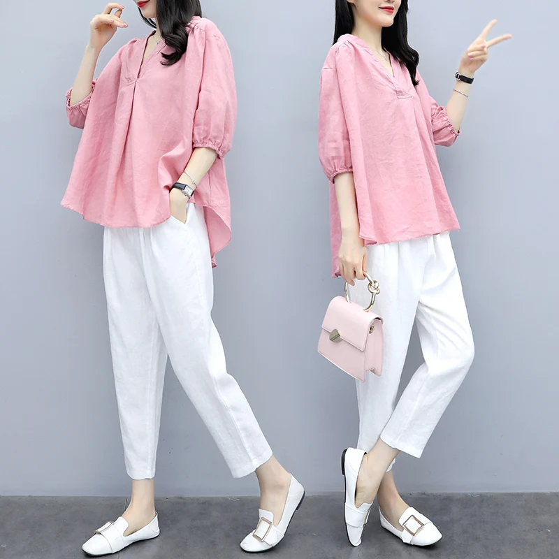 Женский комплект из 2 предметов повседневный топа с V образным вырезом и белых