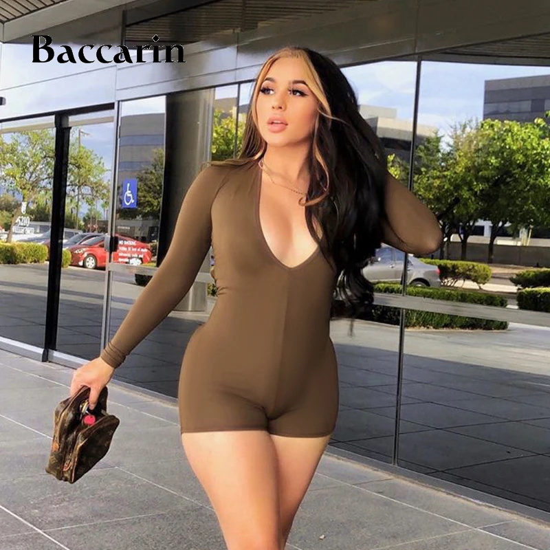 

Baccarin drawstring ruched hollow out women v neck playsuit long sleeve bodycon sexy streetwear 2020 autumn winter combishort