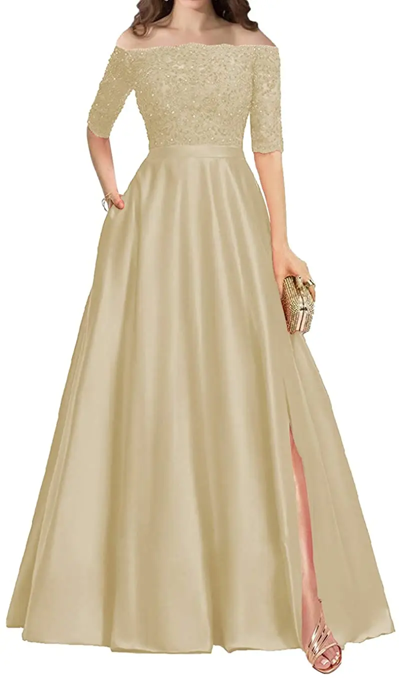 

Prom Dresses Long Evening Formal Dress Split Prom Gowns Lace Beaded Off The Shoulder Mother of The Bride Dresses with Sleeve