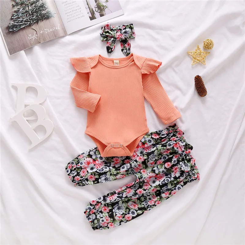 

Baby Girl Clothing Sets Solid Rib Knitted Bodysuit + Floral Pants + Headband 0-24M Newborn Infant Autumn Casual Cotton Outfits