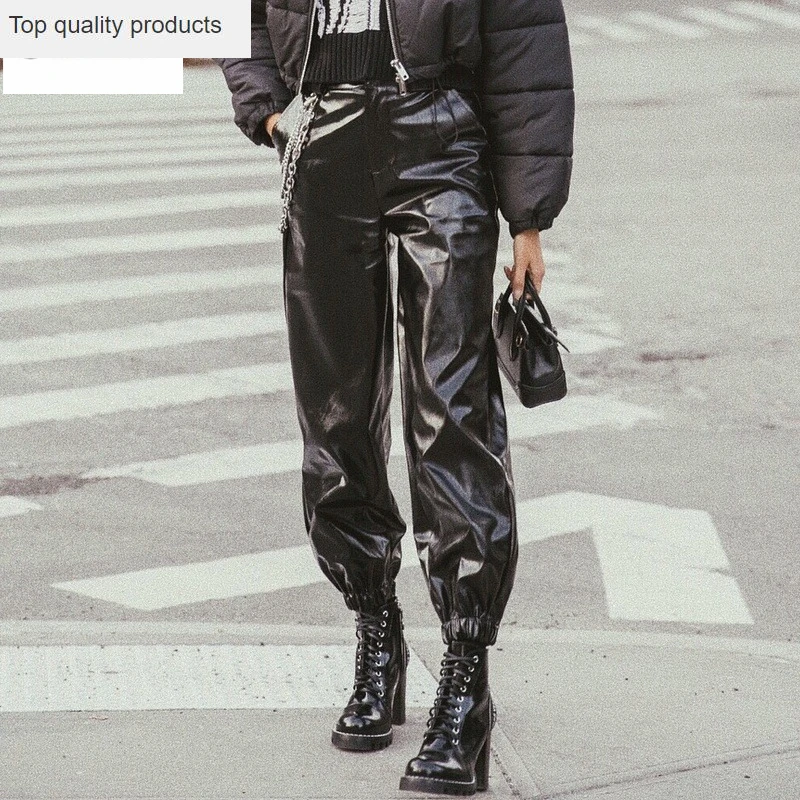 

Женские брюки из ПУ кожи, с широкими штанинами и цепочкой