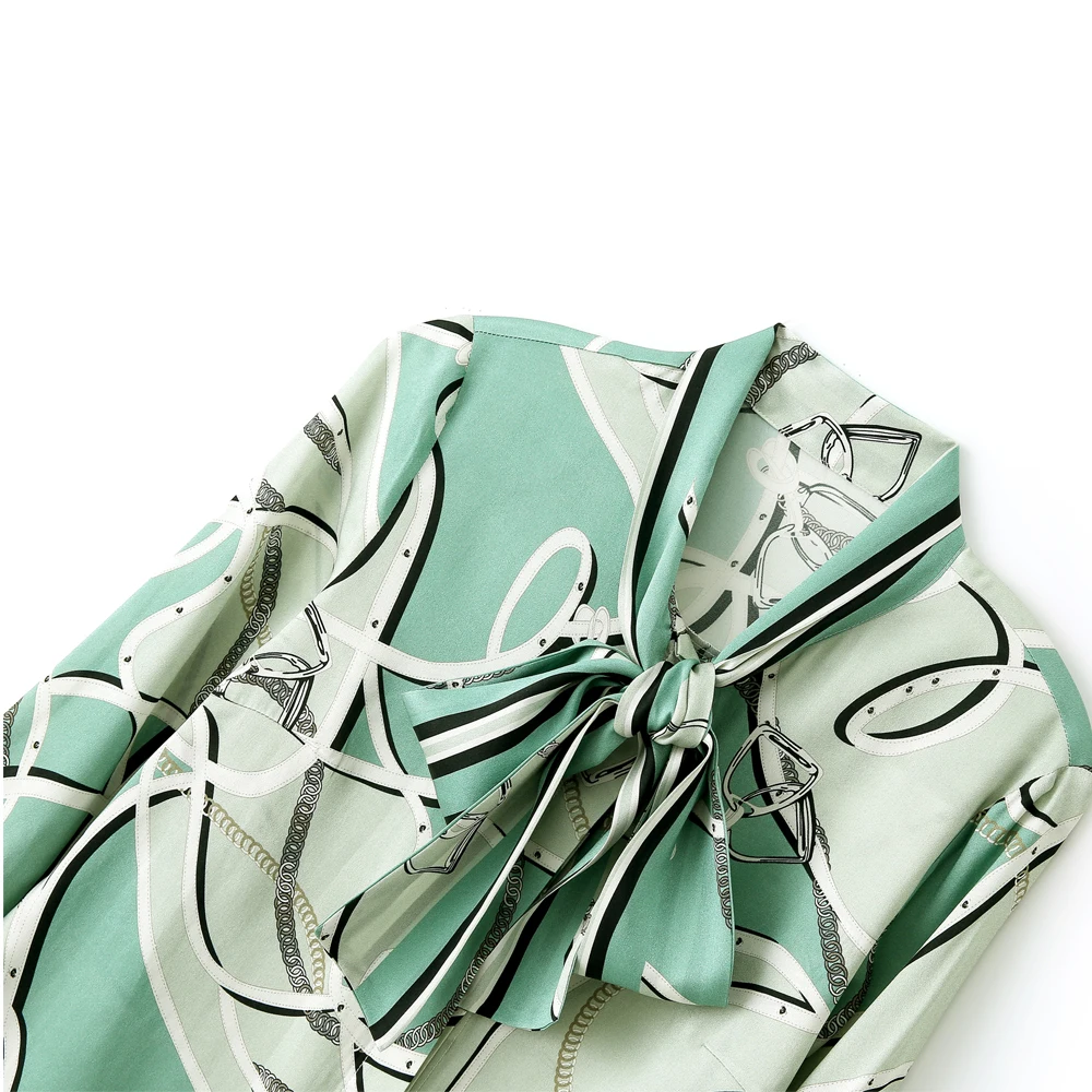 

Blouse Woman New Collection 2021 Summer Authentic Silk Floral Printed Long Sleeve Button Up Shirts Femal Elegant With Ribbon Bow
