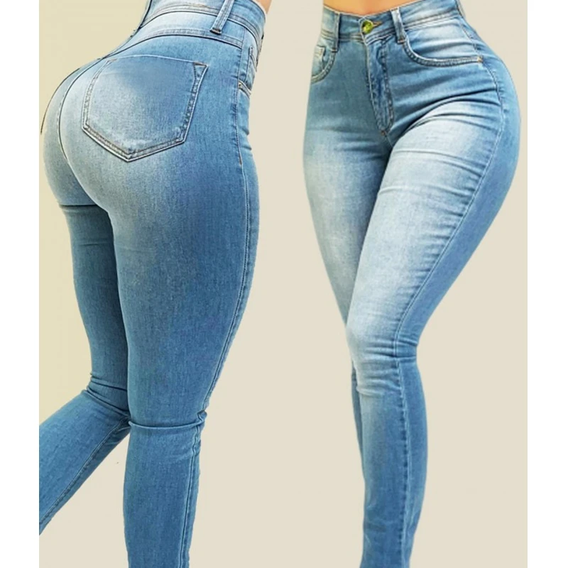 

Bleached Jeans Autumn Winter Vintage Solid Color Stretch High Waist Jeans Women's Casual Button Slim Washed Denim Pencil Pants