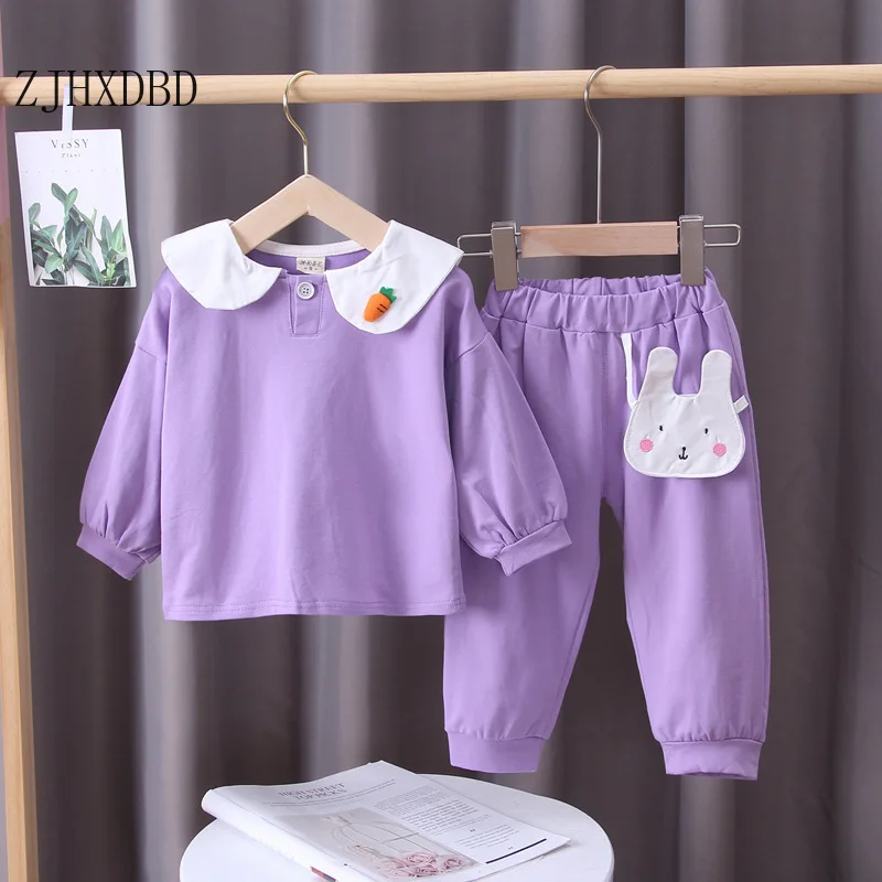 

2020 Autumn Sweet Cute Strawberry Turn-down Collar Little Rabbit Casual 2 Pieces Sets Children Tops Pants Trousers Kids Clothes