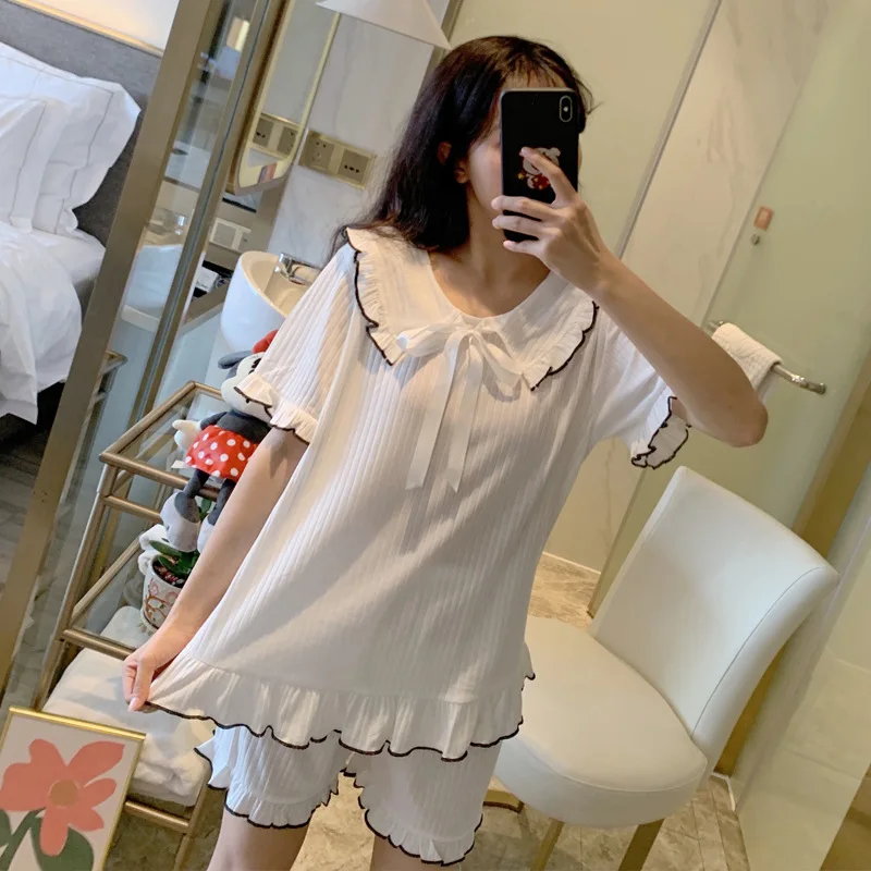 Summer Women's Pajamas Sets Cotton Sweet Pure Color Short Sleeve Shorts Comfortable Female Sleepwear Home Clothes Thin Nightwear