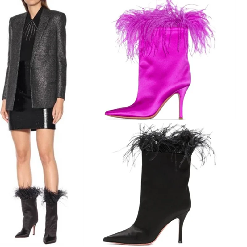 Женские ботильоны на высоком каблуке неоново красные ботинки с острым носком