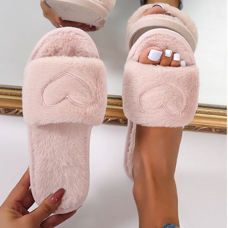 

Winter Women Slippers Fluffy Furry Heart Pattern Open Toe Home Cotton Slipper Lady Lovely Warm Plush Indoor Flats Women's Shoes