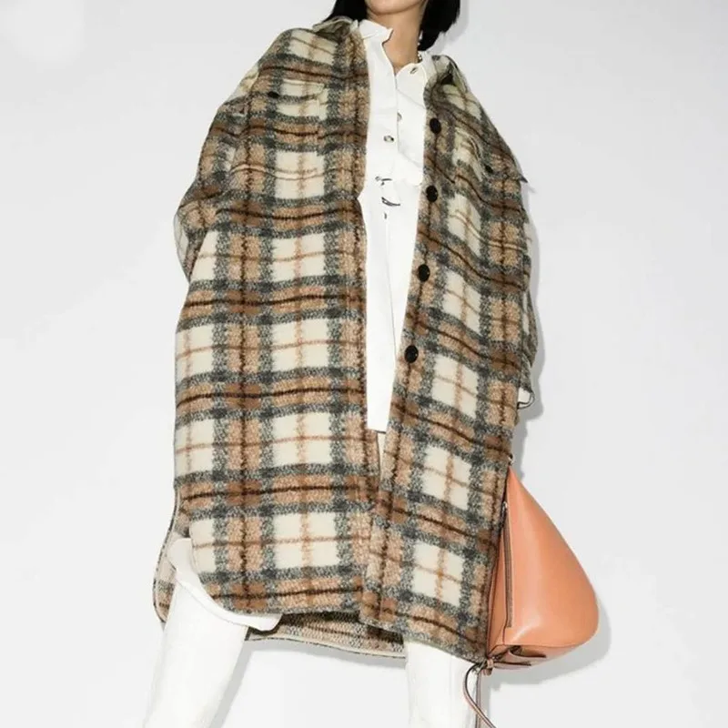 

Autumn and Spring 2021 Wool Long Coat Yellow White Lattice Loose Profile Coat Paid Long Casual Long Sleeve Jackets