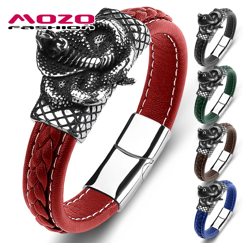 

MOZO Dropshipping New Men 2021 Bracelets Genuine Leather Bangles Snake High Quality Grid Collocation Punk Cuffs Jewelry 147