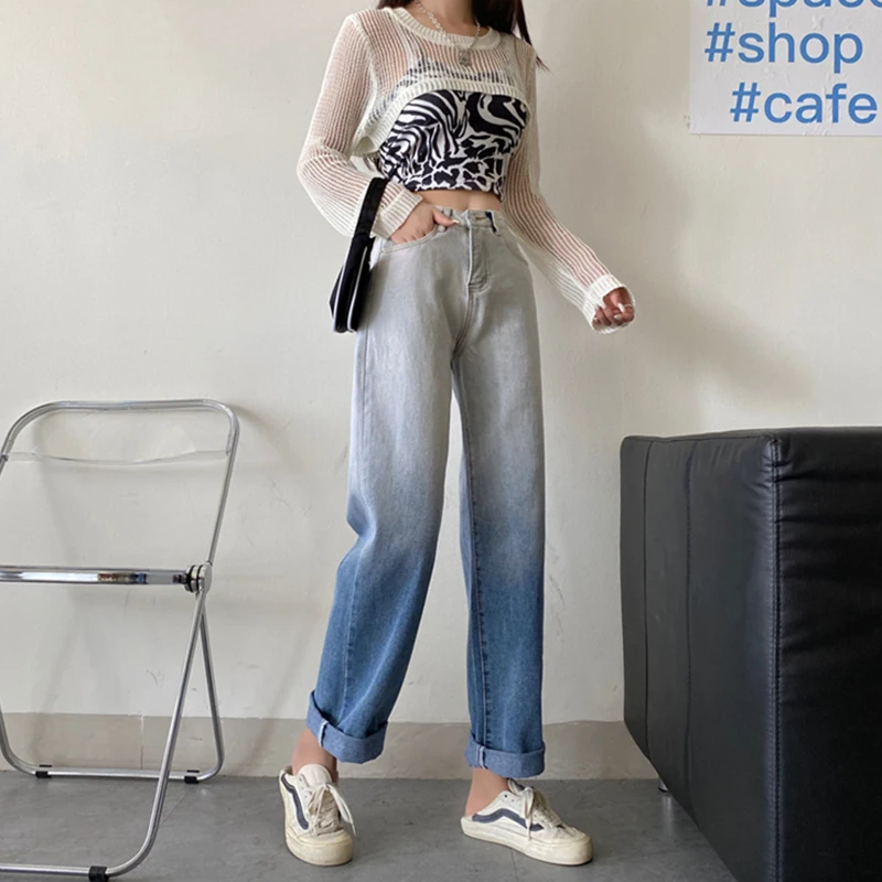 

Sister Fara New High Waist Jeans Gradient Woman's Spring Straight Denim Jeans Autumn Full Length Wide Leg Pants Jeans Female
