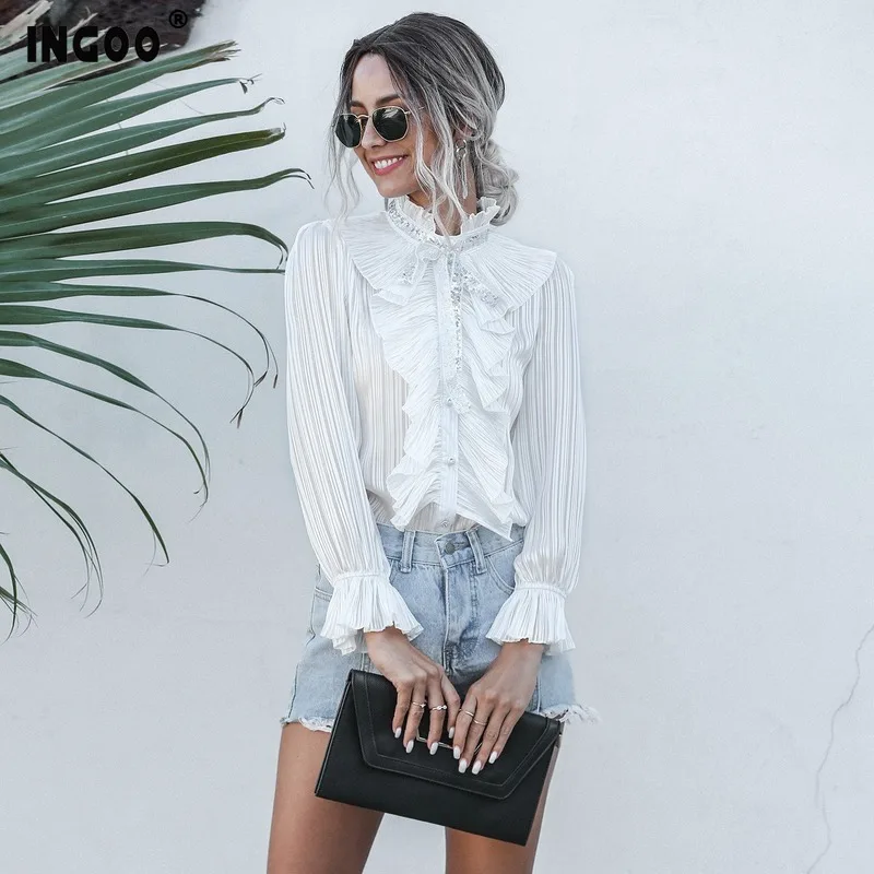 Женская винтажная шифоновая рубашка INGOO элегантная повседневная с рукавами