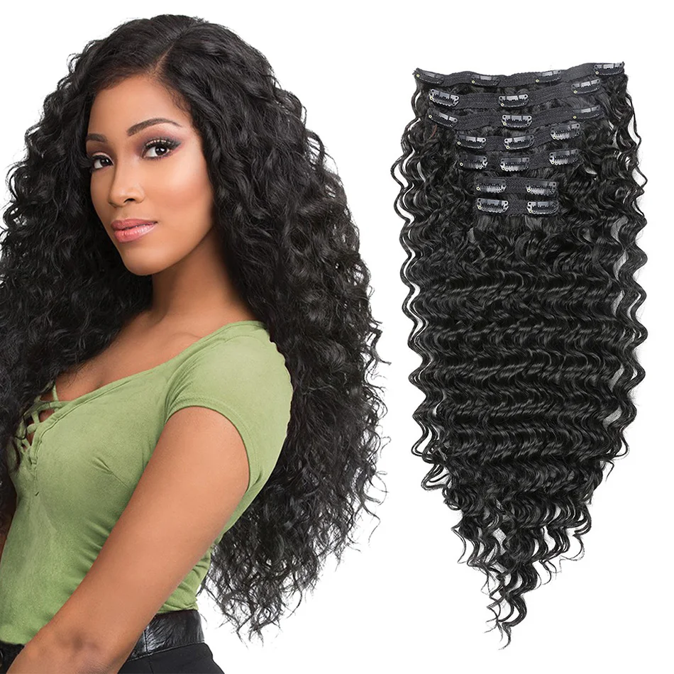 

Synthetic Deep Wave Hair Extensions Clips In Full Head 7Pcs 140G Long Silky Straight Curly Hair Extension Black Blonde HairPiece