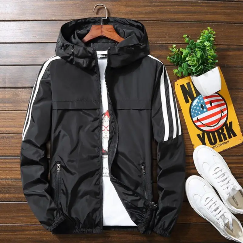 

New Spring Autumn Bomber Hooded Jacket Men Casual Slim Patchwork Windbreaker Jacket Male Outwear Zipper Thin Coat Brand Clothing