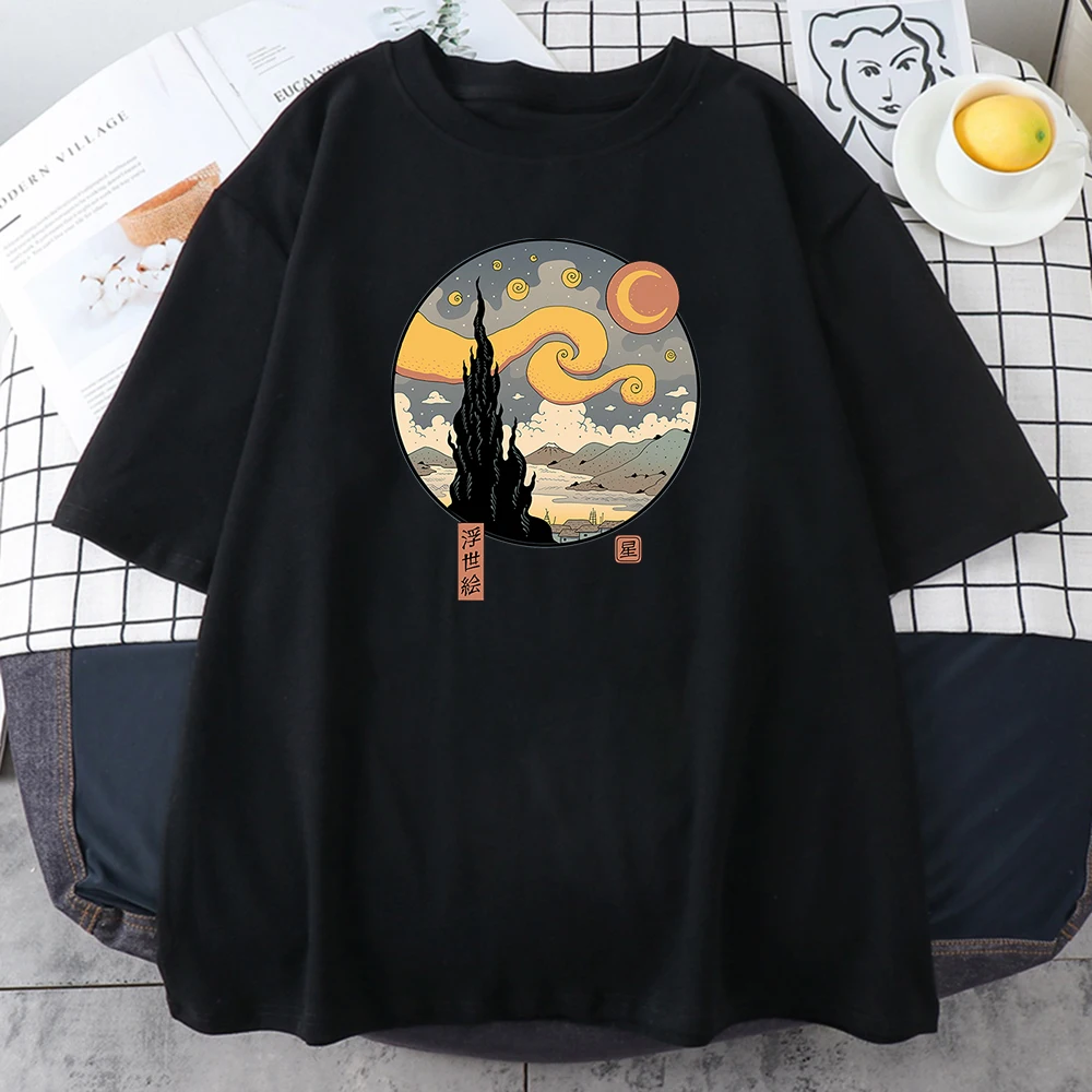 Женская футболка Starry Ukiyo-E Night повседневные футболки в Корейском стиле летняя