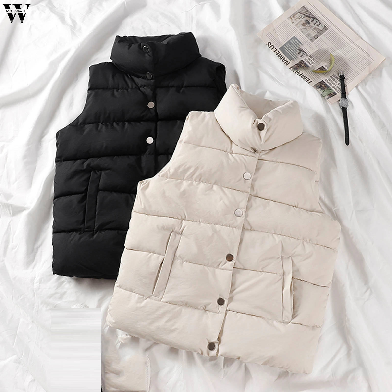 

Winter Warm Vest Jacket Black Stand Collar Winter Sleeveless Vests Short Vest Cotton Padded Jacket Female Waistcoat Gilet Vest