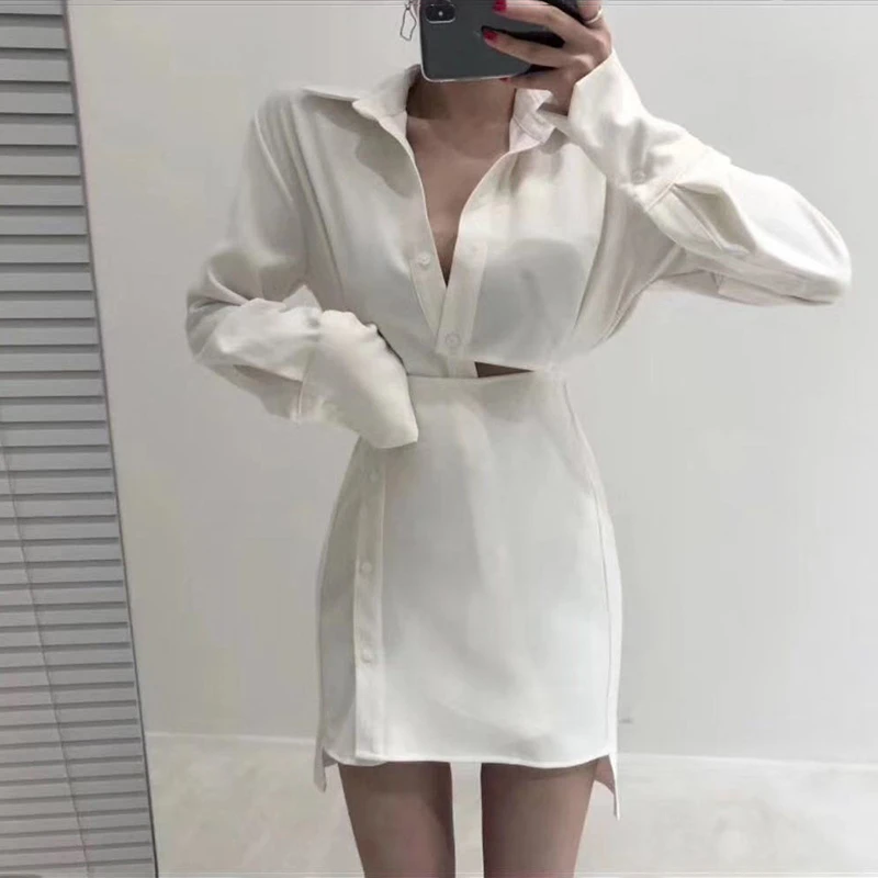 GALCAUR выдалбливают Нерегулярные белые платья для женщин воротник с отворотом