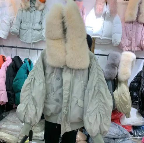 real fox fur Большой натуральный Лисий меховой воротник с капюшоном белый пуховик свободный короткий пуховик зимняя куртка Женская Толстая Женская парка - Цвет: real fox fur