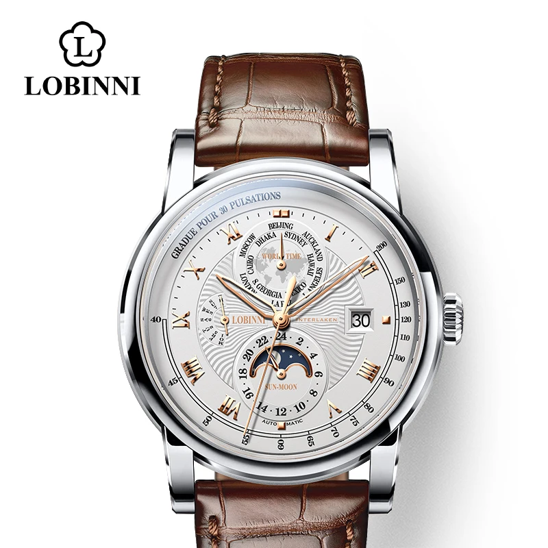 sliver-white-brown-r Швейцария LOBINNI мужской роскошный бренд часов Moon Phase автоматические механические мужские наручные часы Сапфировая кожа Чайка движение для мужчин t - Цвет: sliver-white-brown-r