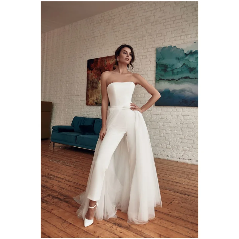 

White Strapless Sexy Jumpsuit Women Elegant Clothes Tulle Skirt Rompers Backless Fitting Bodysuit Lady Fashion One Piece Overall