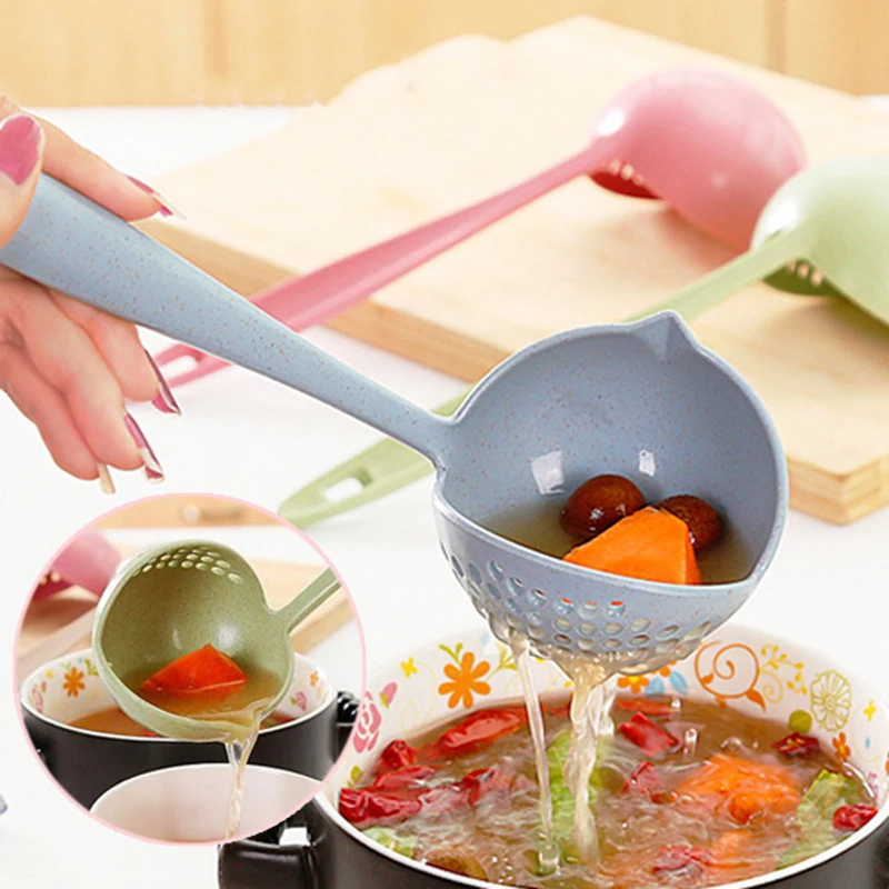 

New Soup Spoon Long Handle Kitchen Strainer Solid Color Cooking Colander Kitchen Scoop Plastic Tableware Colander Hot Soup Ladle