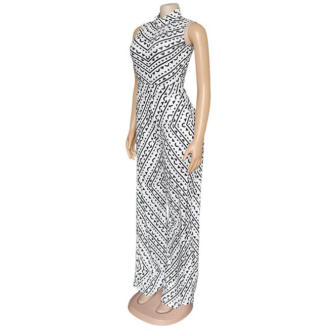2021 Summer New Long Jumpsuit Sleeveless High Waist Straight Print White Elegant For Work Business Office Lady Fashion Jumpsuits