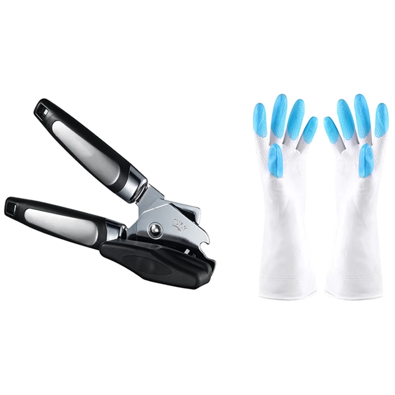 

1 шт. простой в использовании консервный нож Боковой разрез ручной консервный нож и 1 пара кухонных силиконовых чистящих перчаток синий